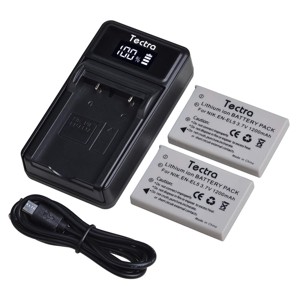 Tectra 2pcs EN-EL5 Batteries and LED Charger for Nikon Coolpix P530, P520, P510, P100, P500, P5100, P5000, P6000, P90, P80 Cameras