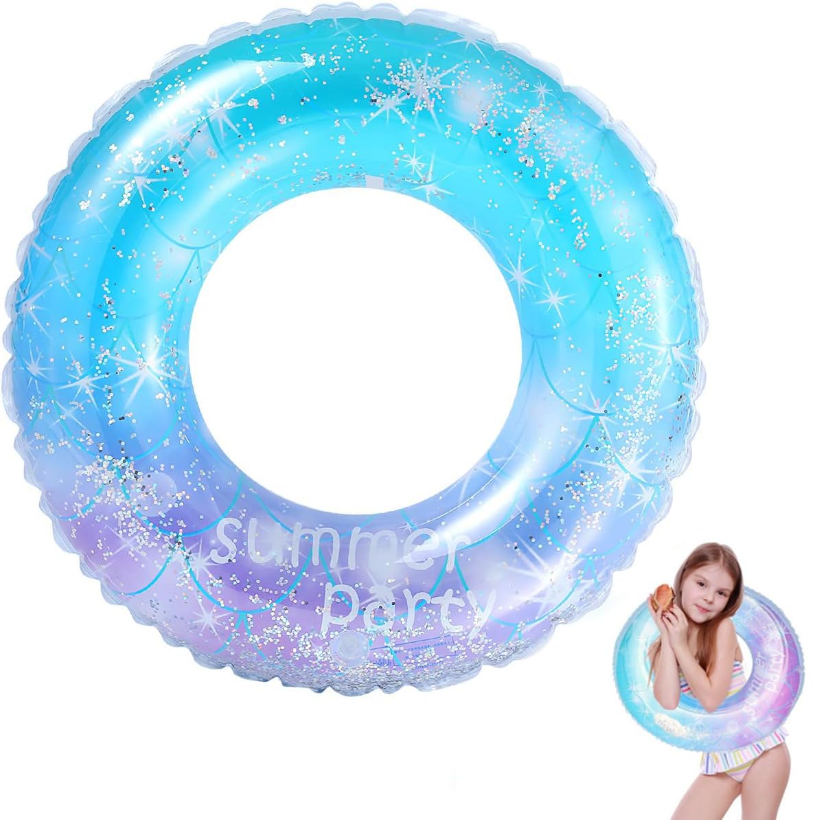 Inflatable Swimming Ring FaJoek Swimming Ring Adults Children Rainbow Sequins Swimming Ring Large Rainbow Swimming Ring Transparent Swimming Ring (Glitter Starry Sky)