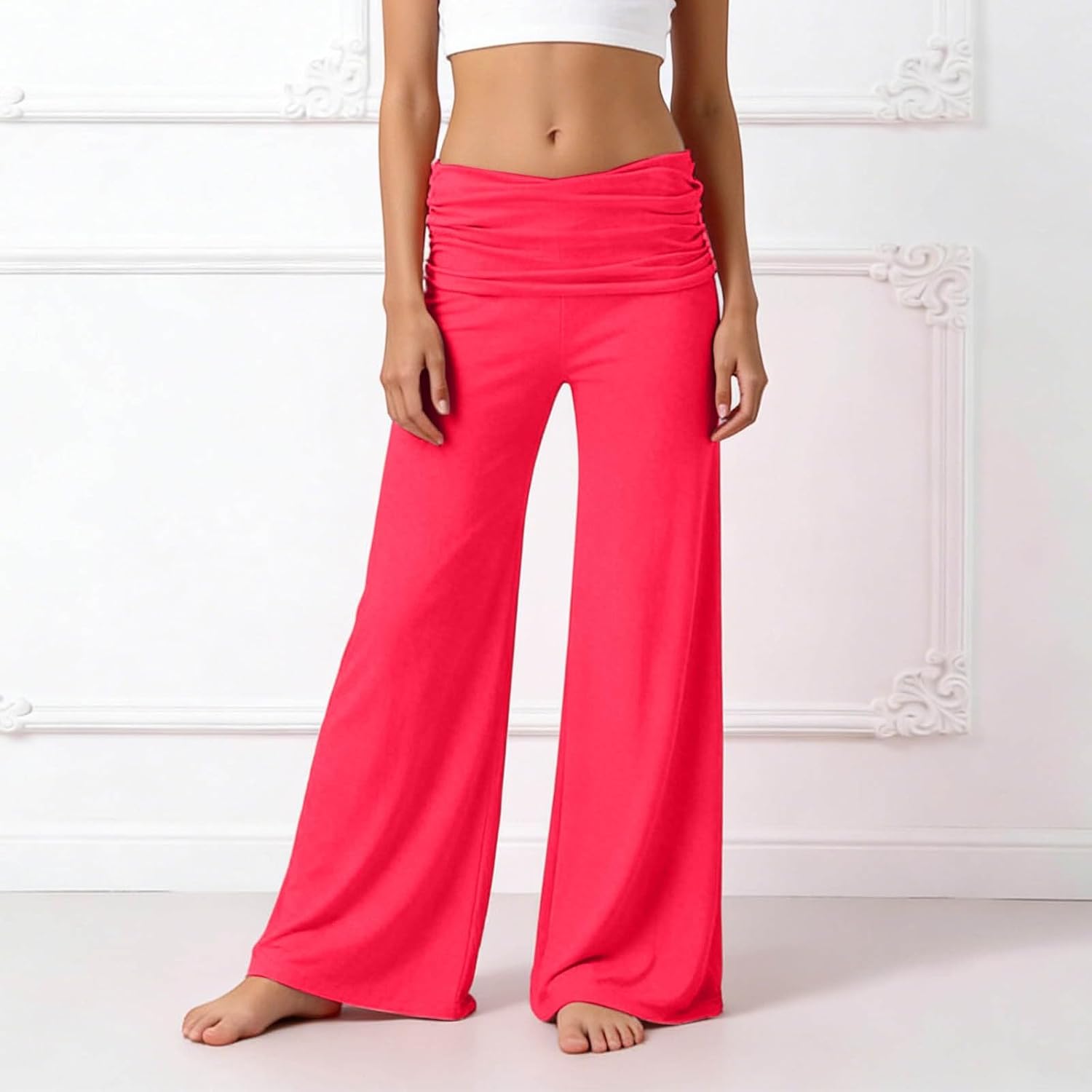 Girls Fold Over Leggings Y2K Low Rise Bell Bottoms Flare Yoga Pants Foldover Summer Wide Leg Coral Foldover Pants 2026