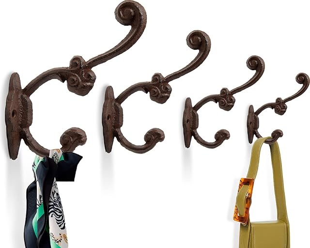Decorative Rustic Wall Hooks  Shabby Chic Set of 4 Wall Mounted Hooks for Coats, Bags, Towels and More  Vintage Hooks for Farmhouse Décor - Sturdy, Cast Iron Hooks in Rustic Brown Color