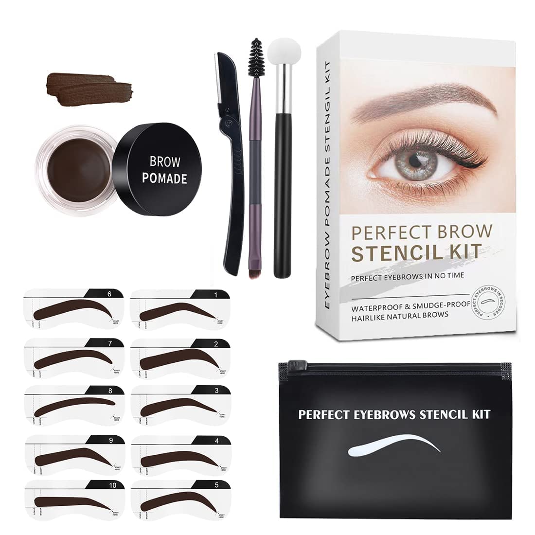 KLIFFOO Eyebrow Stamp Shaping Stencil Kit with 10 Reusable Eyebrow Stencils Sticker,1 Double-End Brush and 1 Sponge Applicator,1 Razor,Long-Lasting Waterproof Eyebrow Kit