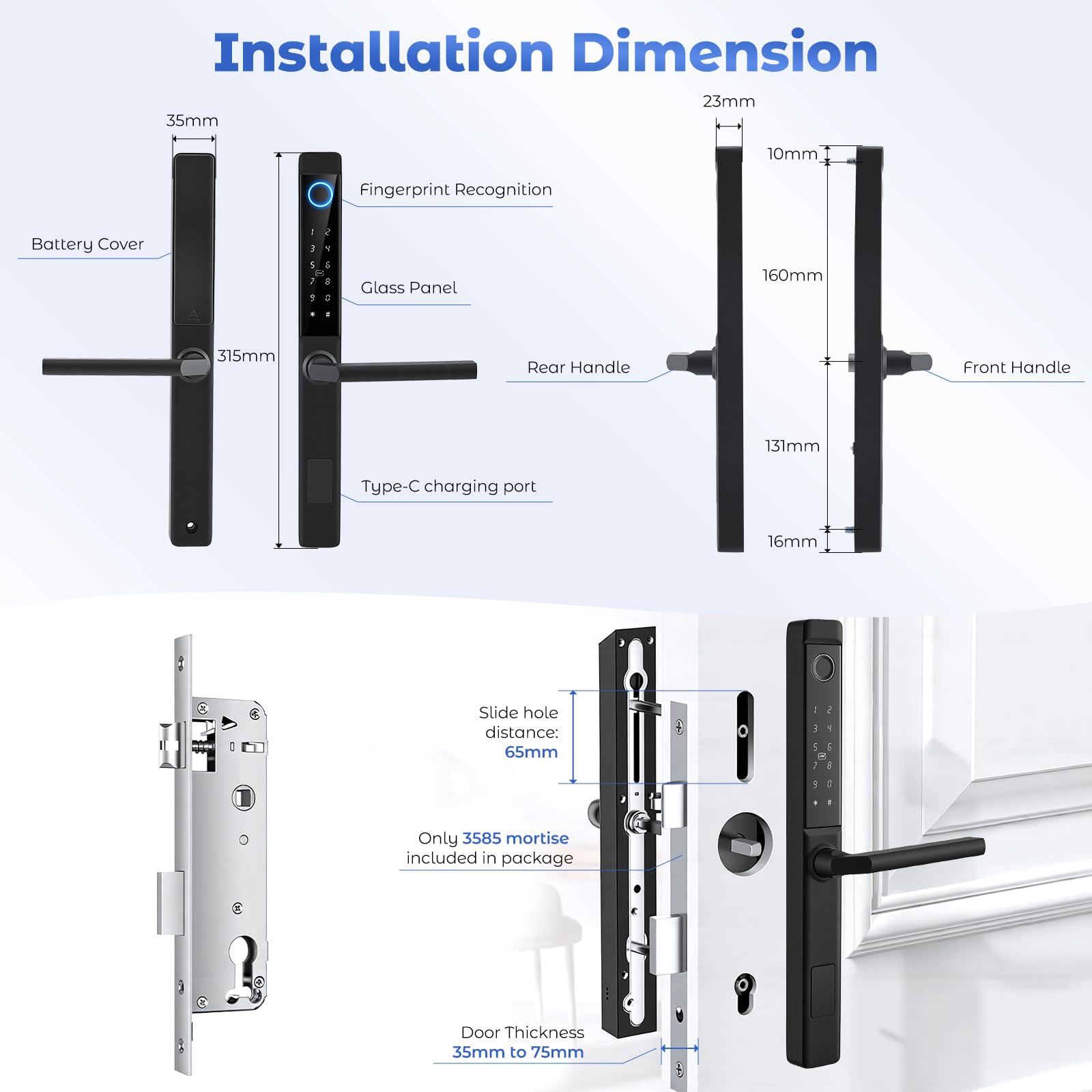 Cerradura inteligente de huella dactilar, cerradura de puerta inteligente con asa y teclado táctil, cerradura de huella dactilar semiconductor, RFID/APP/Código/Control remoto, para