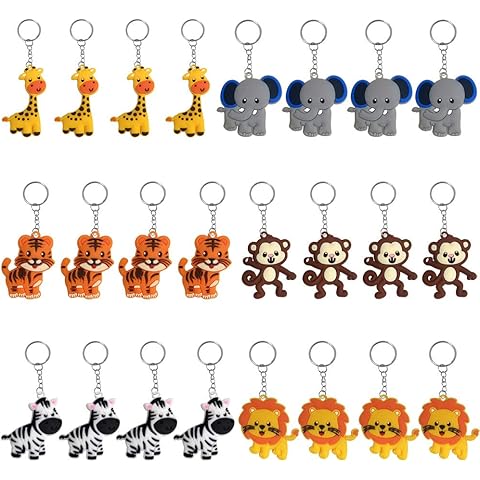 24 Pack Jungle Safari Animal Keychains, Kids Party Bag Fillers, School Carnival Rew...
