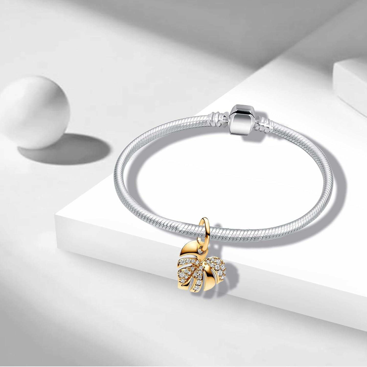 Charms Beads 925 Sterling Silver Gold Leaf Travel Friend Love Family Dangle Pendant with 5A Cubic fits for Charms Bracelets for Woman Valentine's Day Mother's Day Christmas Birthday Gift - Image 3