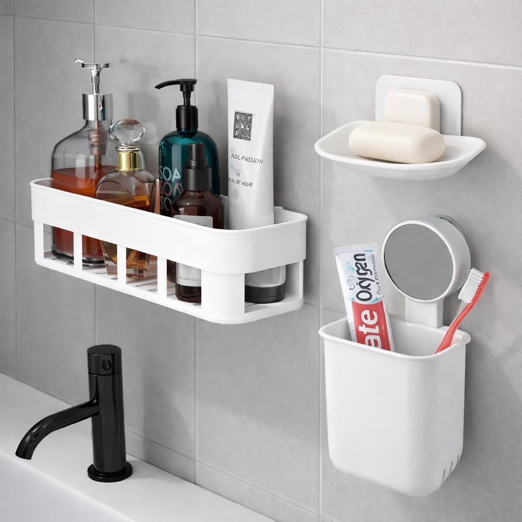 3 in 1 Bathroom Accessories Set Wall Mounted | Bathroom Shelf + Soap Holder + Toothbrush Holder Cup | Self Adhesive No Drill Organizer Rack for Shampoo, Soap, Toothpaste [Pack of 3 ]-image-39