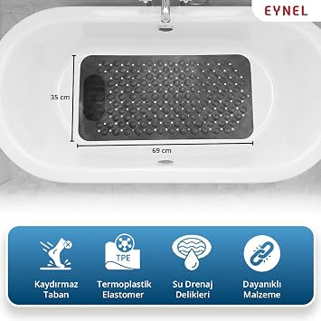 Vantuzlu Banyo ve Duş Kaydırmazı, Kaydırmaz Duş Matı, Duşa Kabin Küvet İçi Vantuzlu Banyo Paspası (35x69 cm) (Gri)