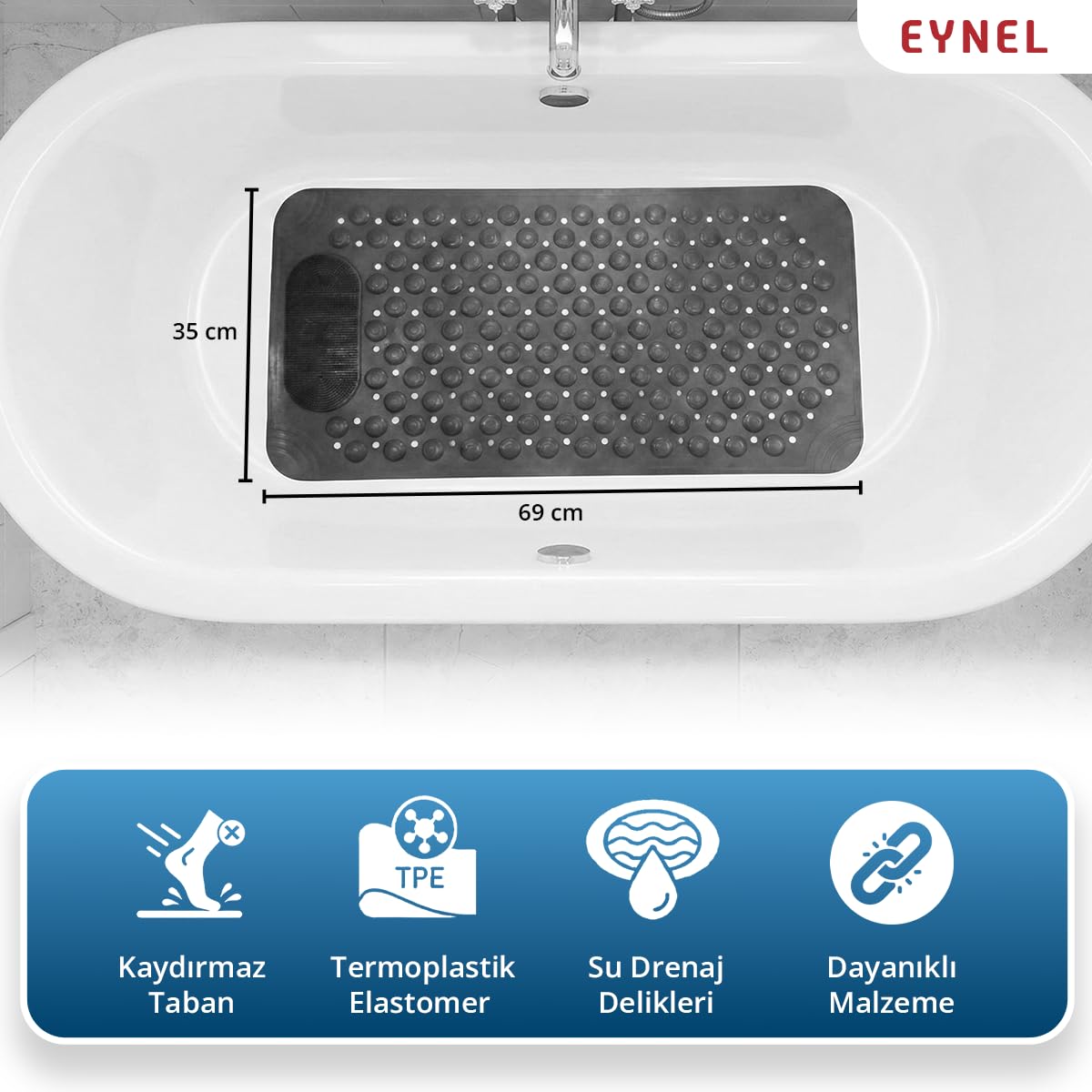 Vantuzlu Banyo ve Duş Kaydırmazı Duşa Kabin Küvet İçi Vantuzlu Banyo Paspası (35x69 cm) (Gri)