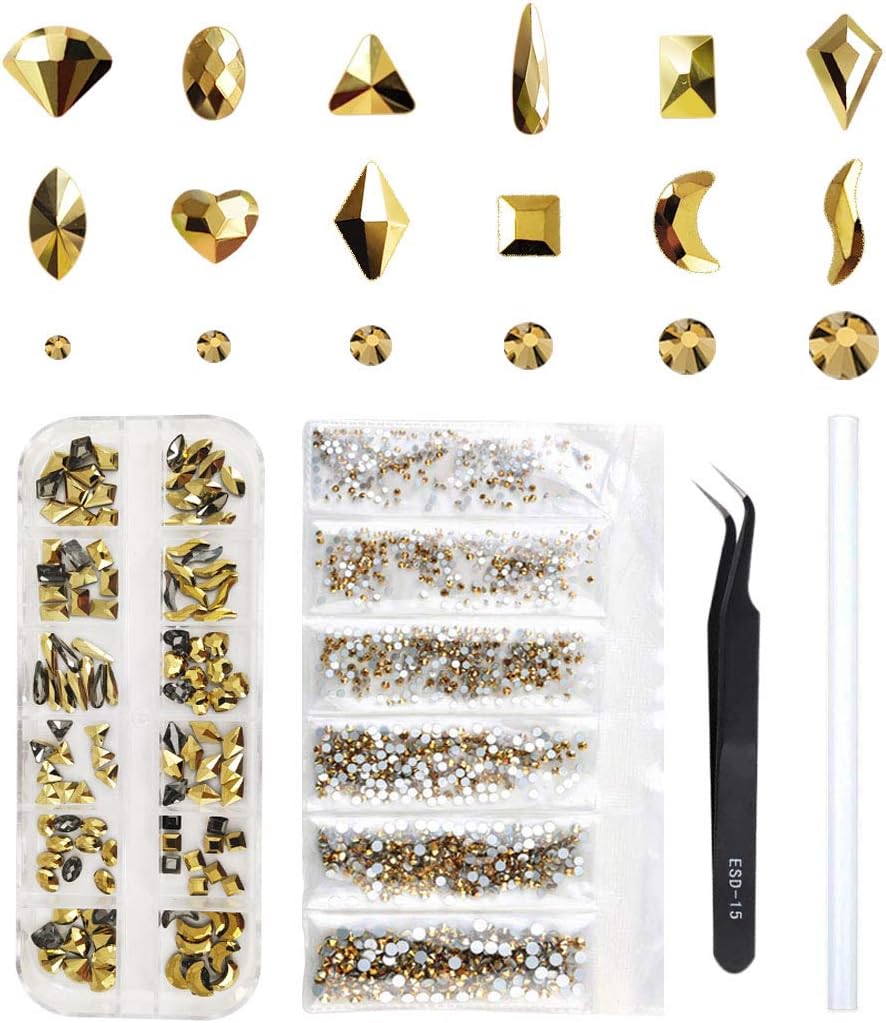 Gold Rhinestones Set 1728 Plus 120 Pieces, Round & Multi-Shape Gold Crystal Rhinestone, Gold Nail Rhinestones, Flatback Rhinestones for Nails, Clothes, Face, Jewelry
