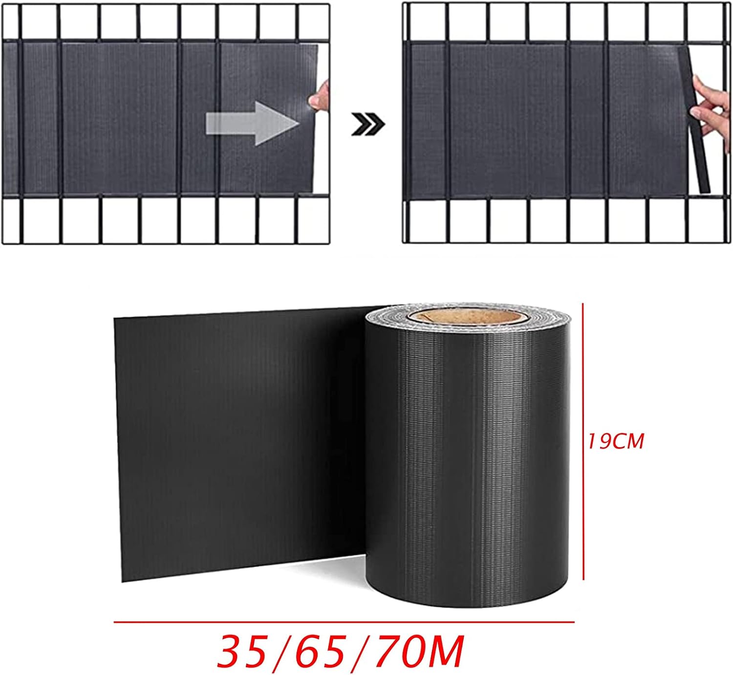 PVC Privacy Screen - Opaque Garden Fence Panel, Decorative Balcony Privacy Screening with Clamping Strips, Black Color, 0.19x70m Roll for Outdoor Use