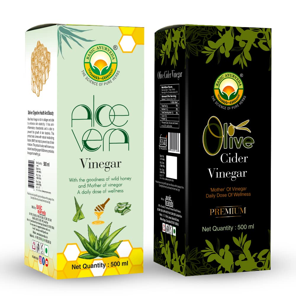 BASIC AYURVEDA Aloe Vera Vinegar 500 Ml With Olive Cider Vinegar 500ml Combo Pack | Sirka With Mother |