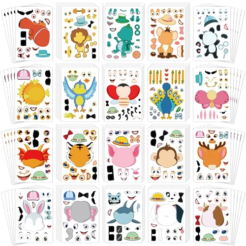 Sinceroduct 100PCS Make Your Own Stickers for Kids, Make-a-Face Stickers, 20 Animals Sticker Face for Toddlers Crafts Party Favors, Gift of Festival Birthday Classroom Reward, Valentine's Day Activity