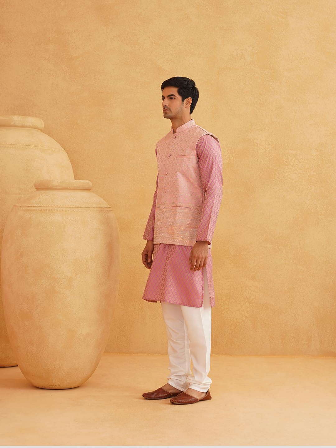 Sojanya (Since 1958 Men's Pink Woven Design Silk Blend Kurta With Pyjama & Pink Nehru Jacket