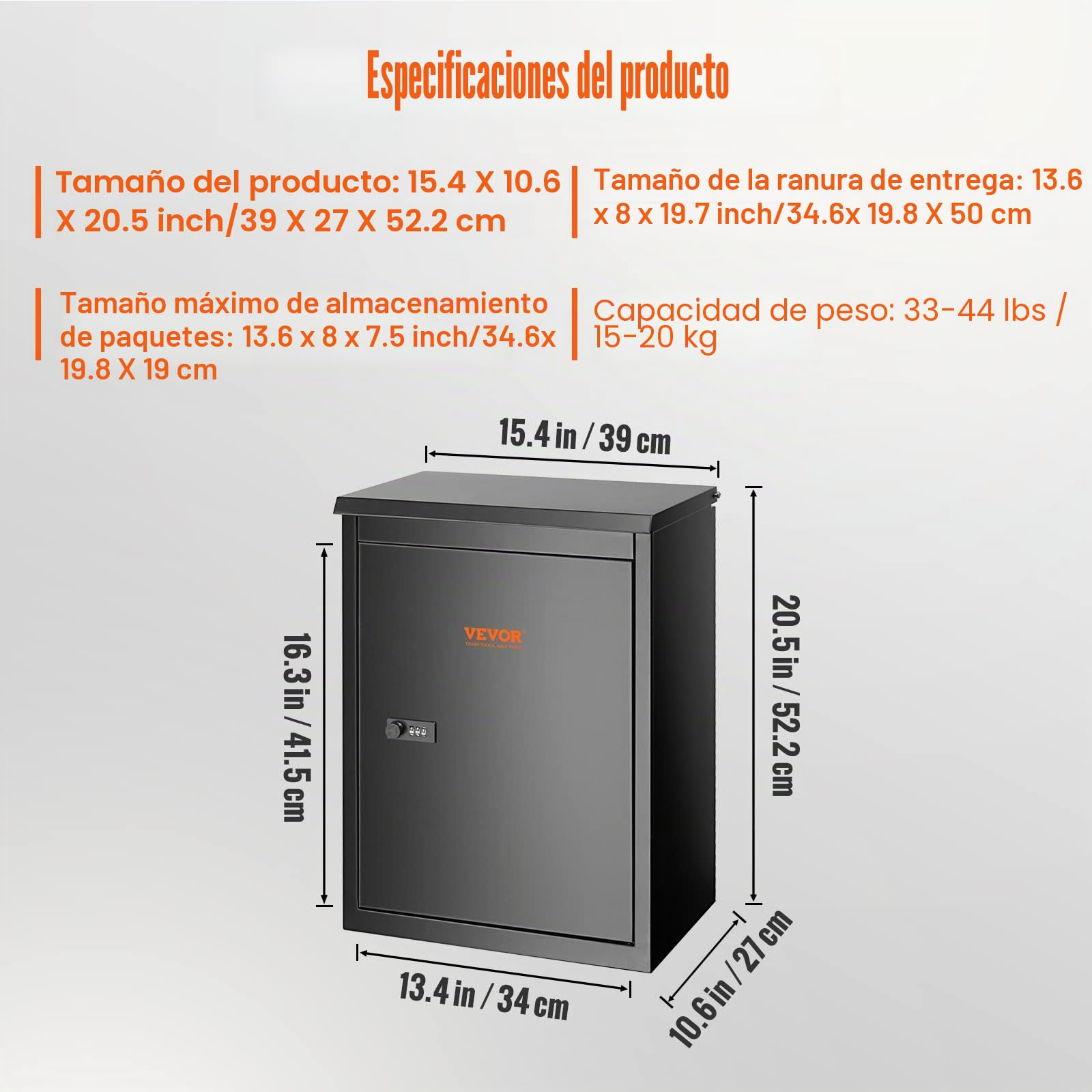 VEVOR Buzón de Paquetes 39x27x52,2 cm Buzón de Acero Galvanizado Código Cerradura Montaje en Pared Independiente Deflector Antirrobo Extraíble Depósito de Paquetes Impermeable IPX3 para Hogar Porche