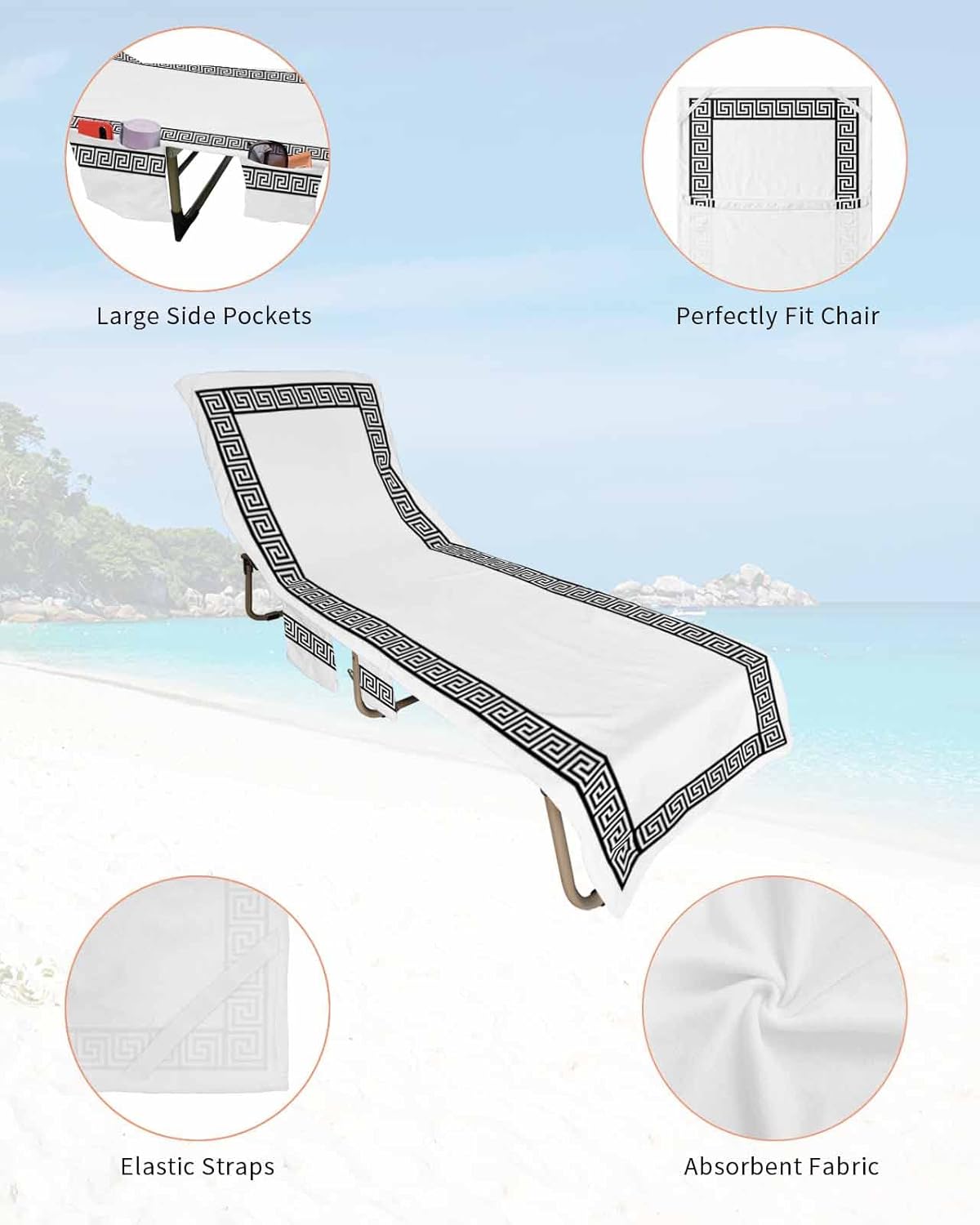 Classic Greek Geometric Beach Pool Patio Lounge Chaise Chair Cover Towel With Pockets,Absorbent & Quick Dry Microfiber Towel Cover Bag Summer Sunbathing Accessories Traditional Chinese Ethnic Richness