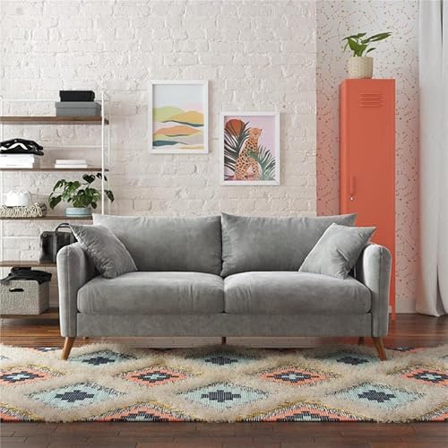 Novogratz Magnolia 3 Seater Sofa With Pillows, Pocket Coil Seating, Light Gray Velvet #TOP3