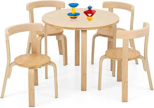 HONEY JOY Kids Table and Chair Set, Bentwood Toddler Round Table and 4 Chairs for Craft Art, Building Block, 5-Piece Children Furniture Set for Daycare, Kindergarten, Playroom Natural