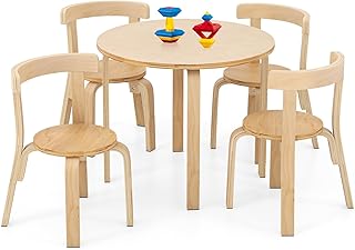 HONEY JOY Kids Table and Chair Set, Bentwood Toddler Round Table and 4 Chairs for Craft Art, Building Block, 5-Piece Children Furniture Set for Daycare, Kindergarten, Playroom (Natural)