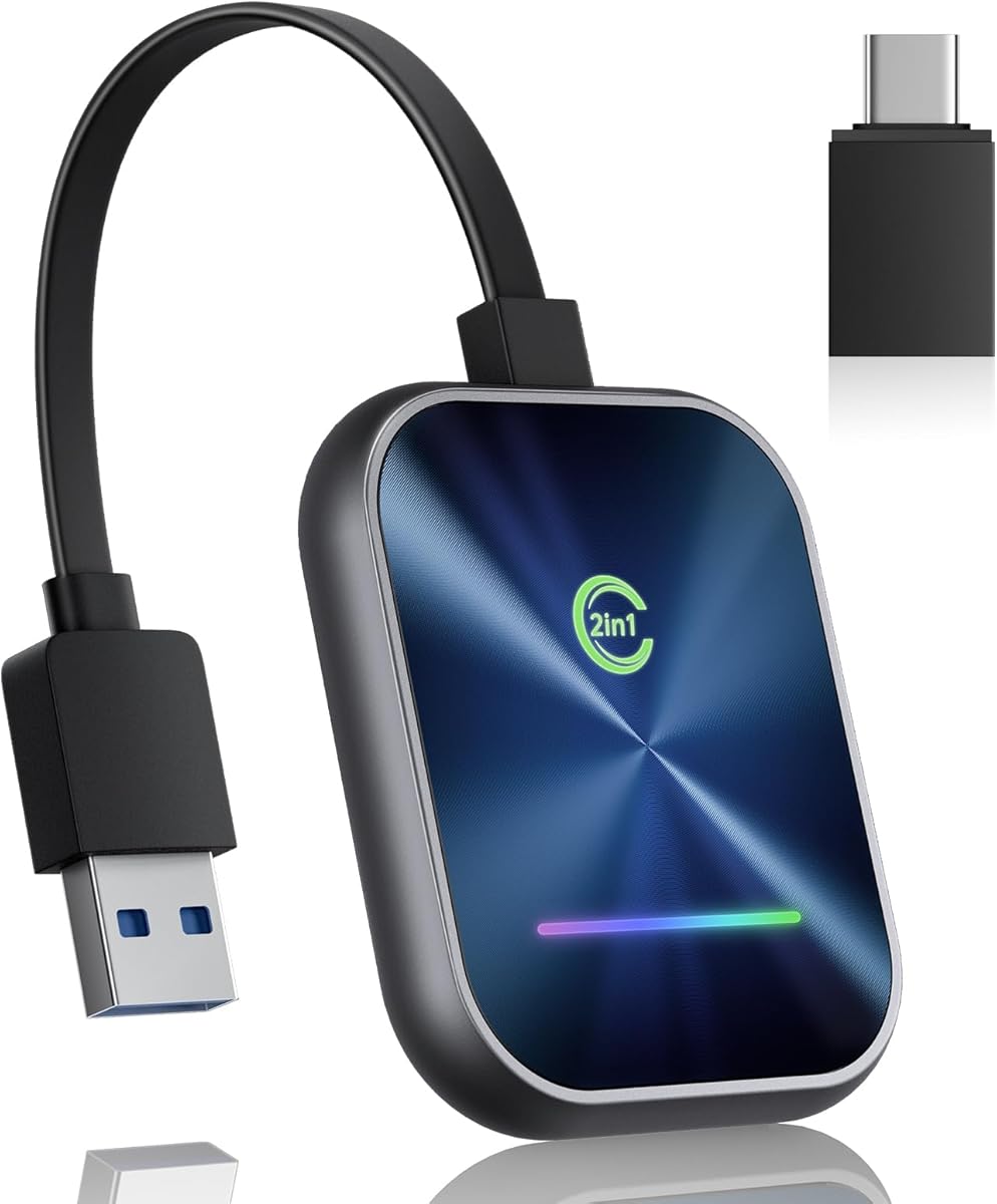 Wireless CarPlay Adapter for iPhone, 2 in 1 Wireless CarPlay and Android Auto Adapter Converts Factory Wired to Wireless, Plug and Play USB/USB-C Car Play Dongle with Stable Control and No Delay