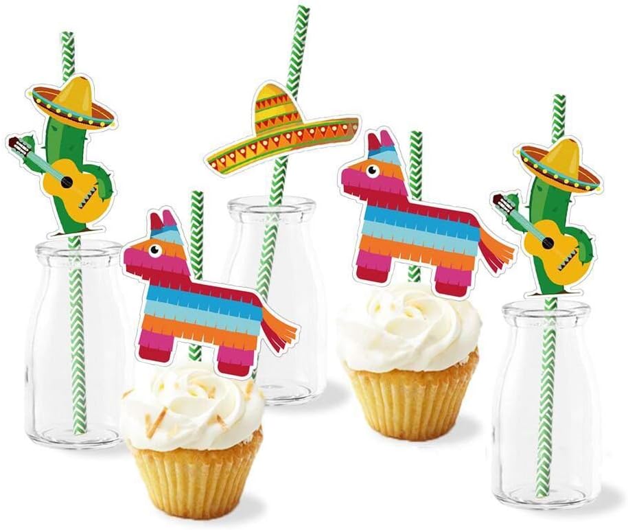 Paper Straw Decor/Cactus Sombrero Donkey Pattern Decorative Straws for Mexican Fiesta Party/Theme Party Striped Straws - Set of 36