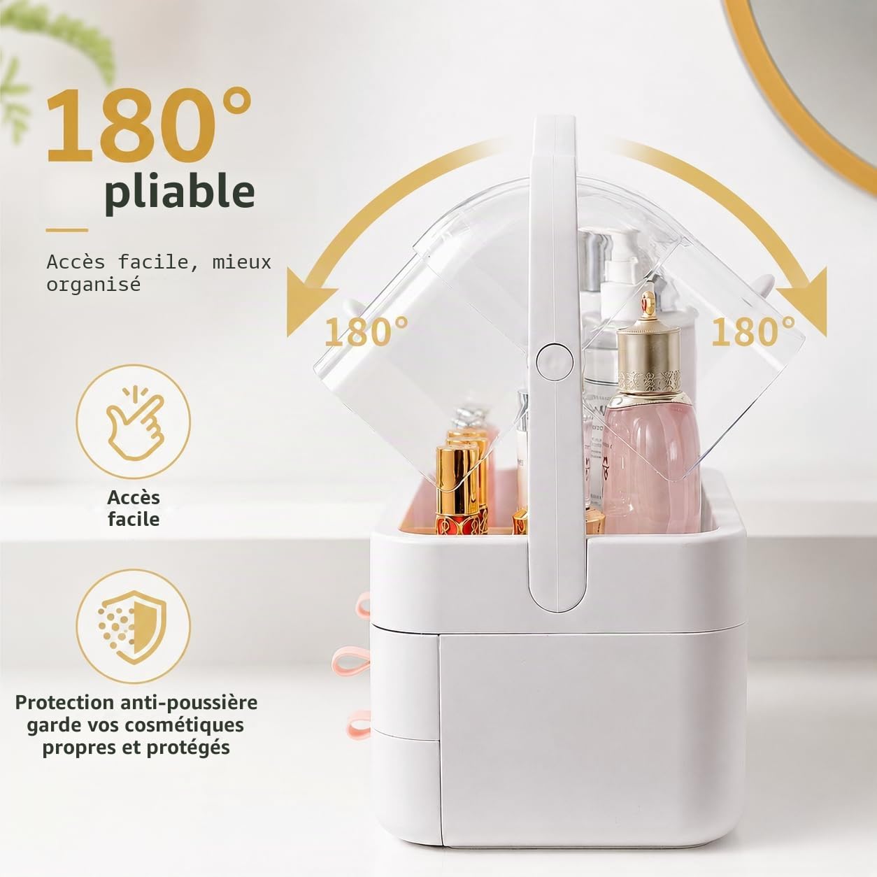 RMAN® Rangement Maquillage Organisateur avec Tiroirs et Couvercle Transparent Rotatif à 180 ° Rangement Parfum pour Coiffeuse, Salle de Bain, Chambre, Parfait pour Cadeaux de Noel (Rose)