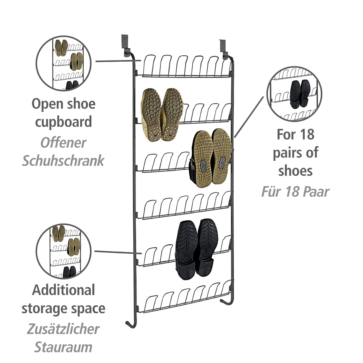 WENKO Scarpiera per sportello, scaffale con 6 ripiani per 18 paia di scarpe da appendere allo sportello, conservazione e organizzazione in tutta la casa, 59 x 151 x 14 cm, metallo rivestito a polvere