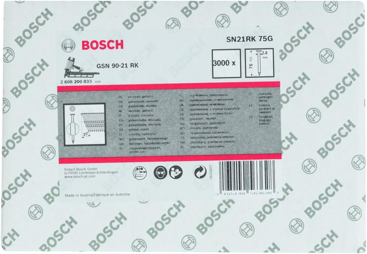 Bosch Professional 2608200033 Full Head Strip Nail SN21RK 75G 2.8 mm, 75 mm, galvanised, Smooth, Grey, 2.8 x 75 mm