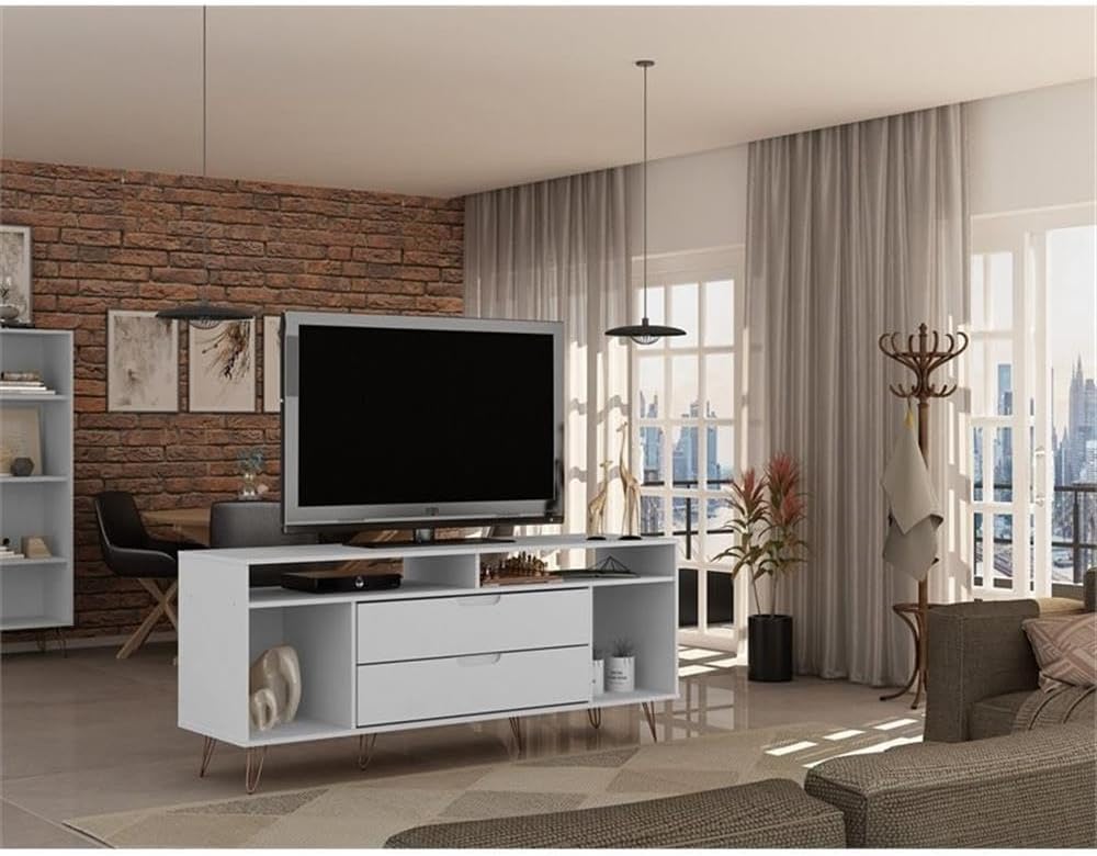 Manhattan Comfort Rockefeller Modern 2 Drawers Living Room Television Stand with Metal Legs, 62.99", White