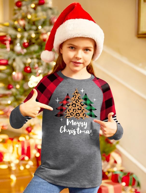 BesserBay Girls Christmas Raglan Shirt Casual Leopard Stripe Patchwork Tunic Top 4-14 Years - Image 3