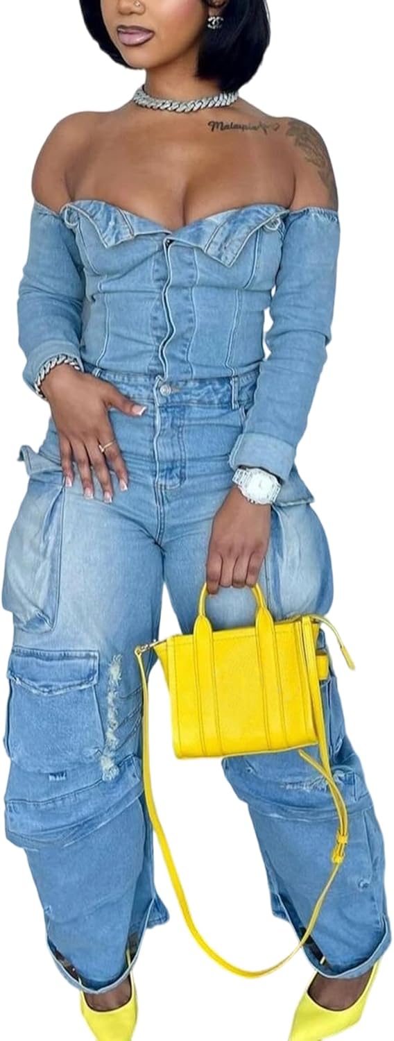 LETSVDO Denim Jumpsuit for Women Sexy Long Sleeve Off Shoulder Cargo Wide Leg Jean Romper(for Club,Going Out,Party)