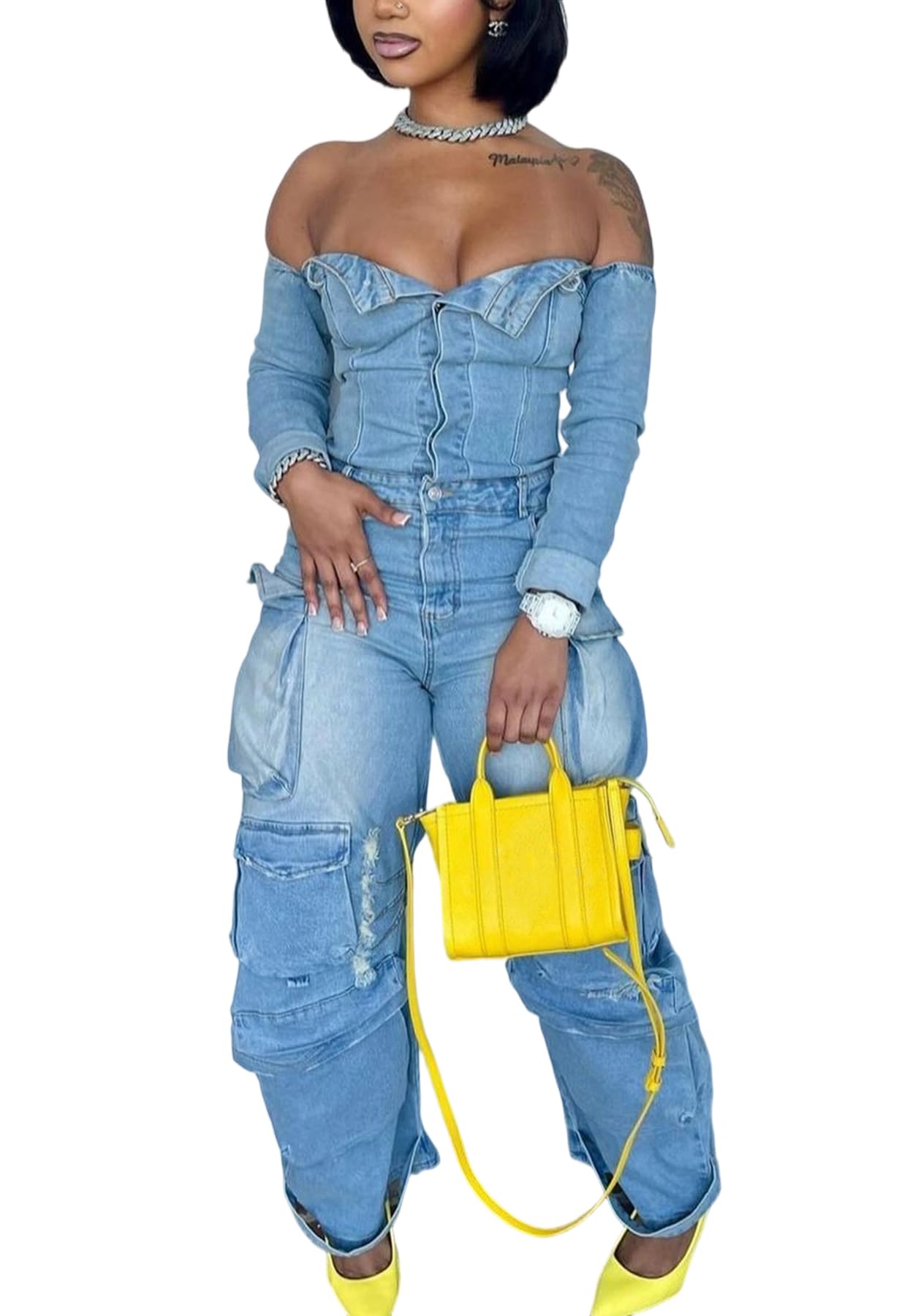 LETSVDO Off Shoulder Cargo Jumpsuit