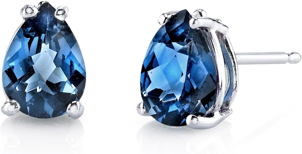 Peora 14K White Gold London Blue Topaz Earrings for Women, Natural Gemstone Solitaire Studs, 1.50 Carats Pear Shape, AAA Grade, Friction Back, December Birthstone Earrings, Gold Studs