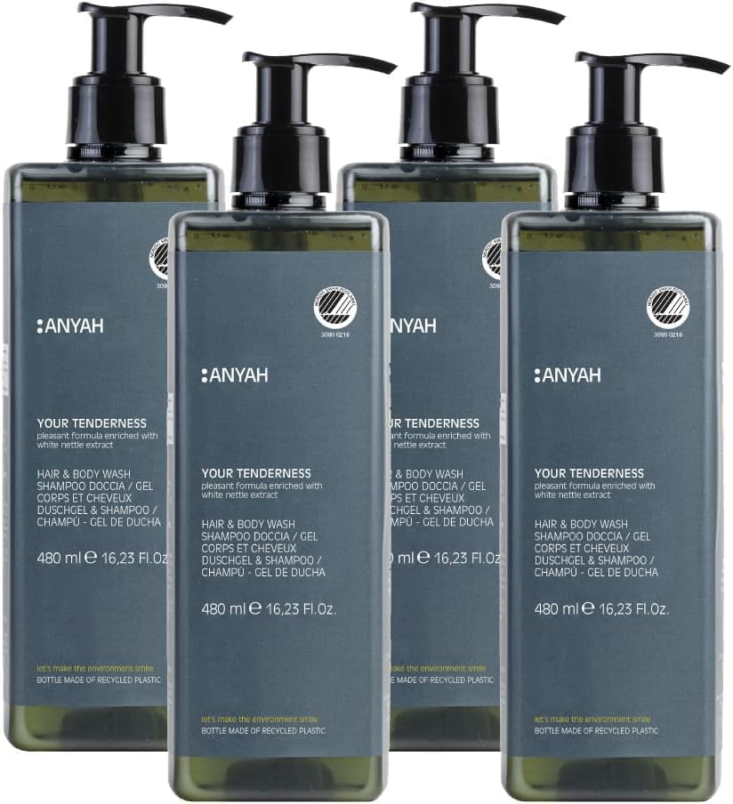ANYAH Gel de Ducha y Champú - 4 x 480 ml - Gel de Baño Delicado con Ortiga Blanca - Jabón Cuerpo Vegano - Certificado Ecolabel