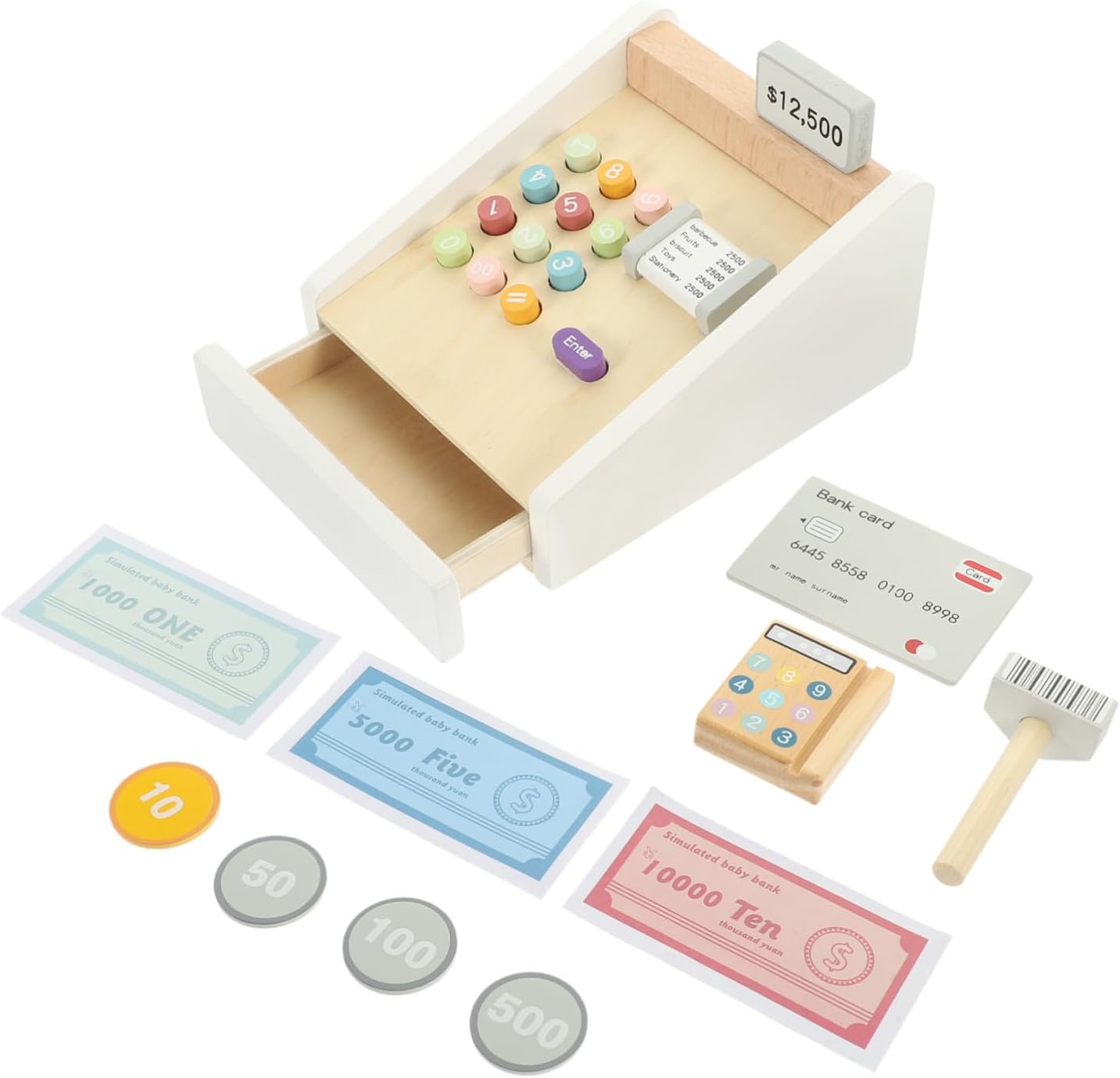 Generic Wooden Pretend Cash Register Set Interactive Store Game for Imaginative Shopping and Cognitive Development Cartoon Design for Boys