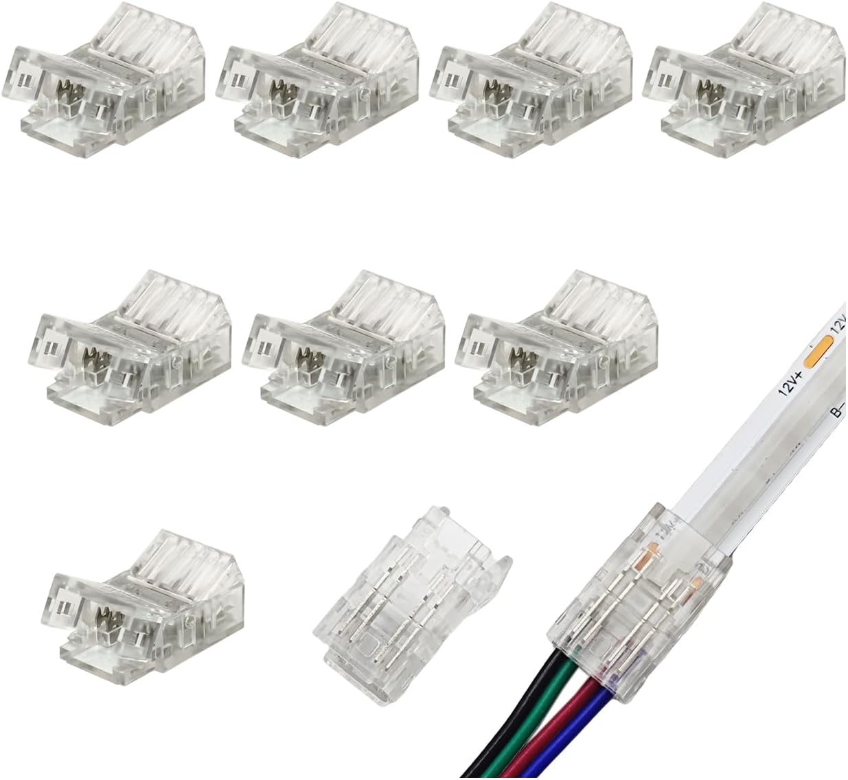 4-Pin LED Strip Connector for COB RGB LED Strip Lights, 10mm Solderless Quick Connect Clips, Wire to Strip Light Adapter, No Solder LED Strip Joiner (10 Pack)