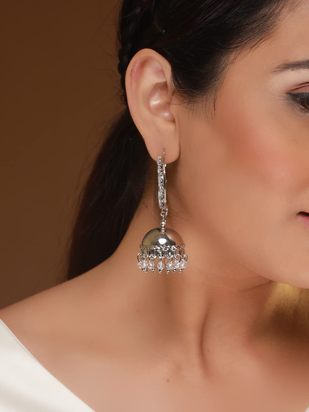Women's Leaf-Cut AD Studded Hoop Jhumka Earrings