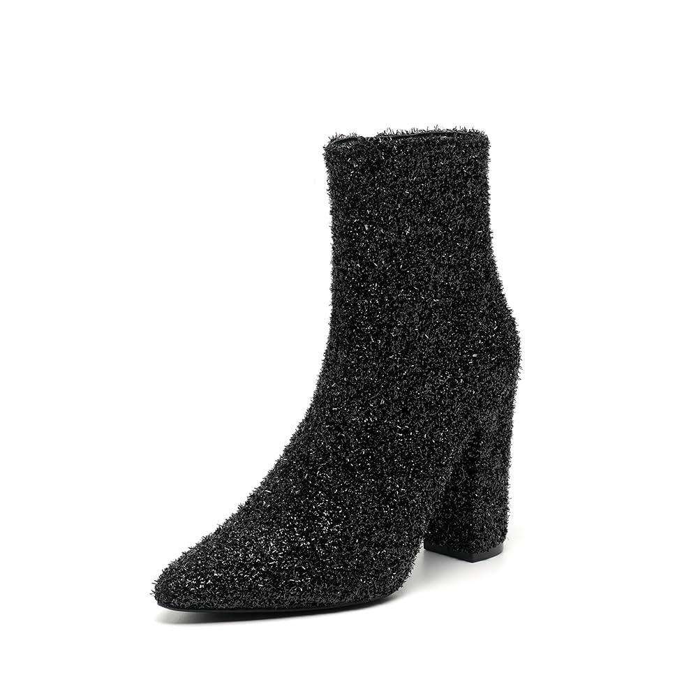 Amoji Women Sequin Heeled Boots Narrow Pointed Toe Chunky Boot With Zipper