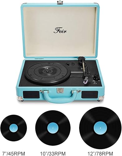 Miniatura 3 de Reproductor de Discos de Vinilo Estéreo Azul 3 Velocidades, Tocadiscos Portátil de Maleta con 2 Altavoces Integrados, Salida de Línea RCA, Entrada