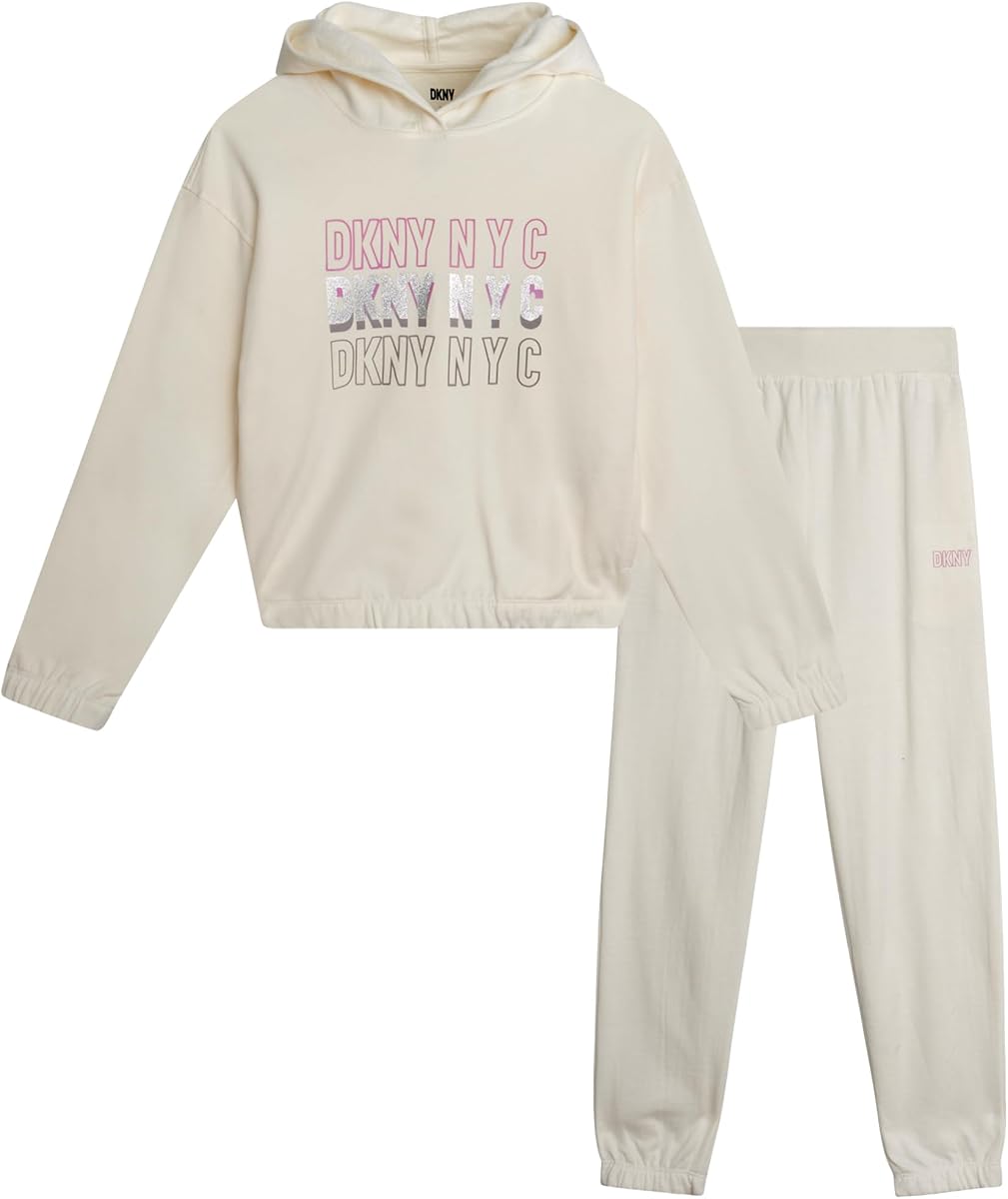 Conjunto de sudadera y pantalón de chándal de forro polar de 2 piezas DKNY para niña (talla 4-16) | Suave y acogedor forro polar cálido, jersey a juego y pantalones de chándal de cintura elástica para el día a día