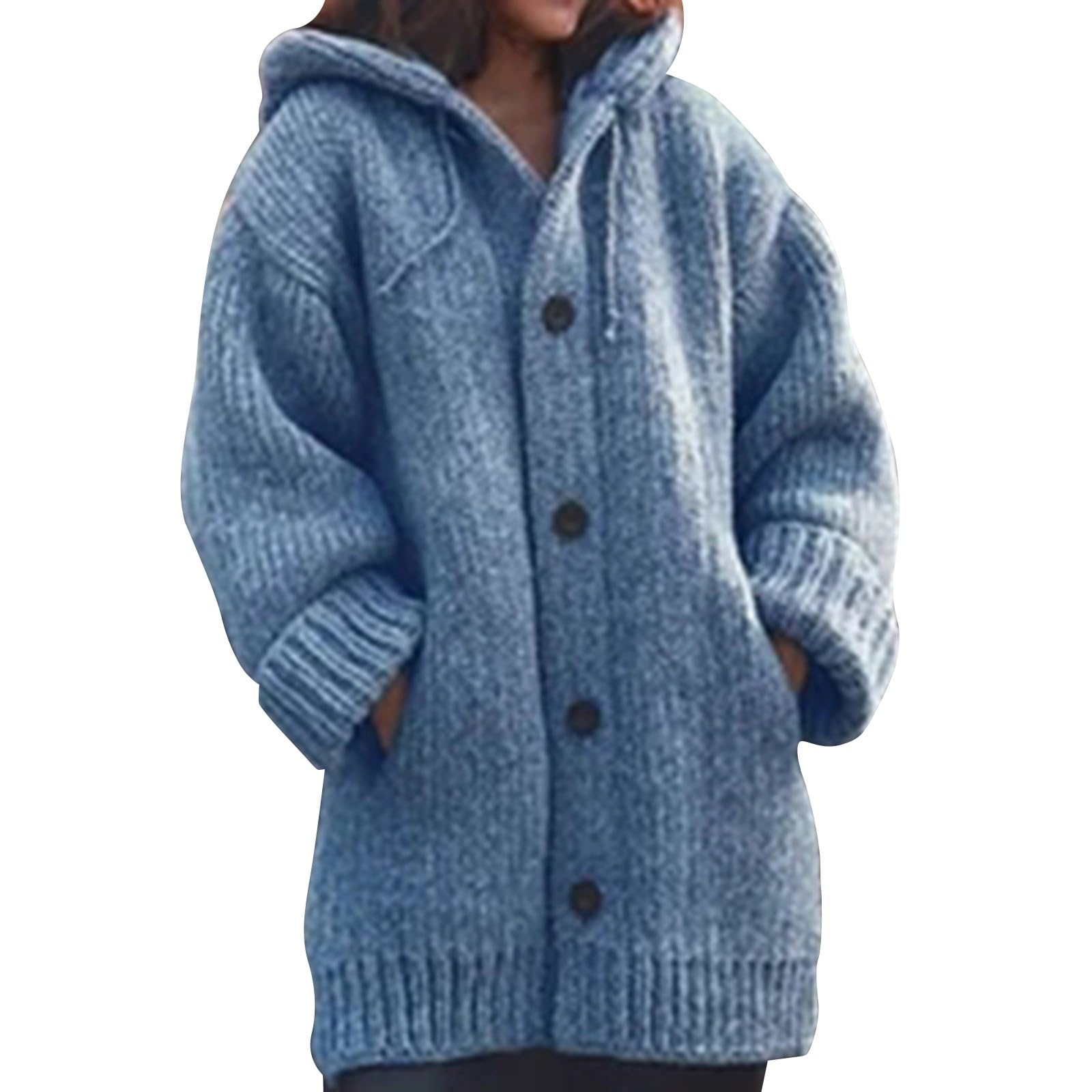 Veste d'hiver épaisse en tricot pour femme - Veste chaude décontractée avec capuche - Manteau d'hiver de longueur moyenne - Couleur unie - Manteau de mi-saison