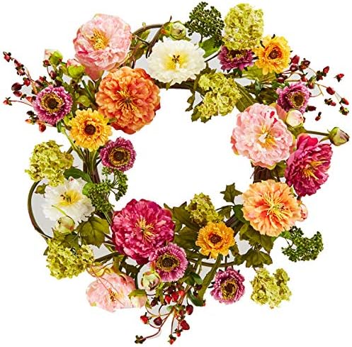 Nearly Natural 24" Peony Wreath, 24in, Mixed