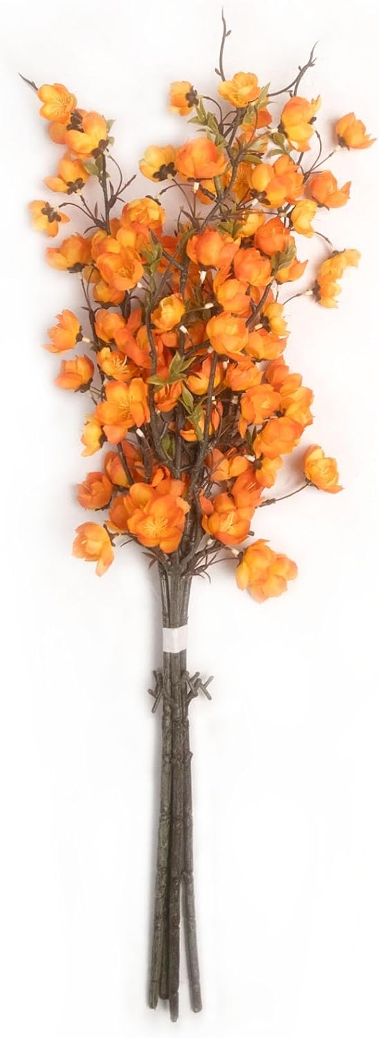 4Pcs Cherry Blossom Artificial Flowers with Long Stem, 24" Fake Silk Flowers for Tall Vase, Artificial Plum Blossoms Indoor for Home Floral Wedding Party Decor (Orange)