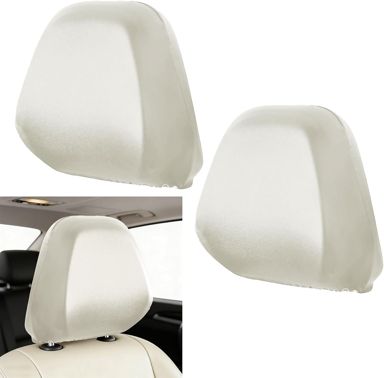 2 PCS Car Seat Headrest Cover, Reusable Flexible Headrest Protector, Full Wrap-Around Seat Headrest Dust Covers, Auto Leather Portable Front Seat Head Rest Protectors for Cars (Beige, 2PCS #M)