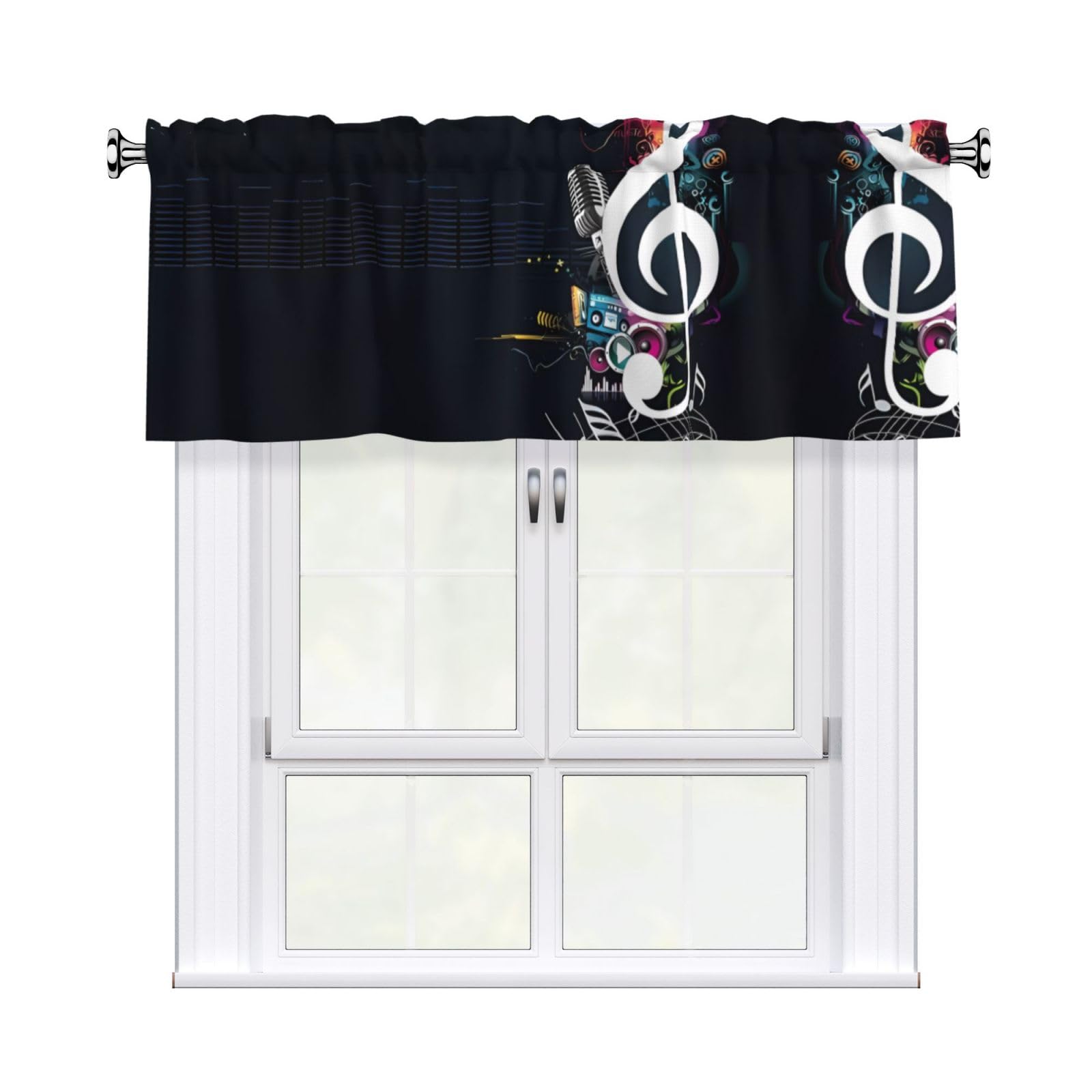 WHJDPP Black Music Notes Prints Curtain Valance 54x18 Inch - Peach Skin Window Cover with Printed Design, Filtering Light for Kitchen Decor