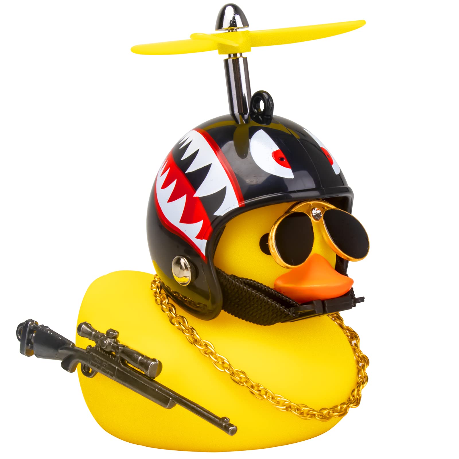 wonuu Rubber Yellow Duck Car Ornaments Cool Duck Car Dashboard Decorations with Propeller Helmet Sunglasses (Shark-Yellow G)
