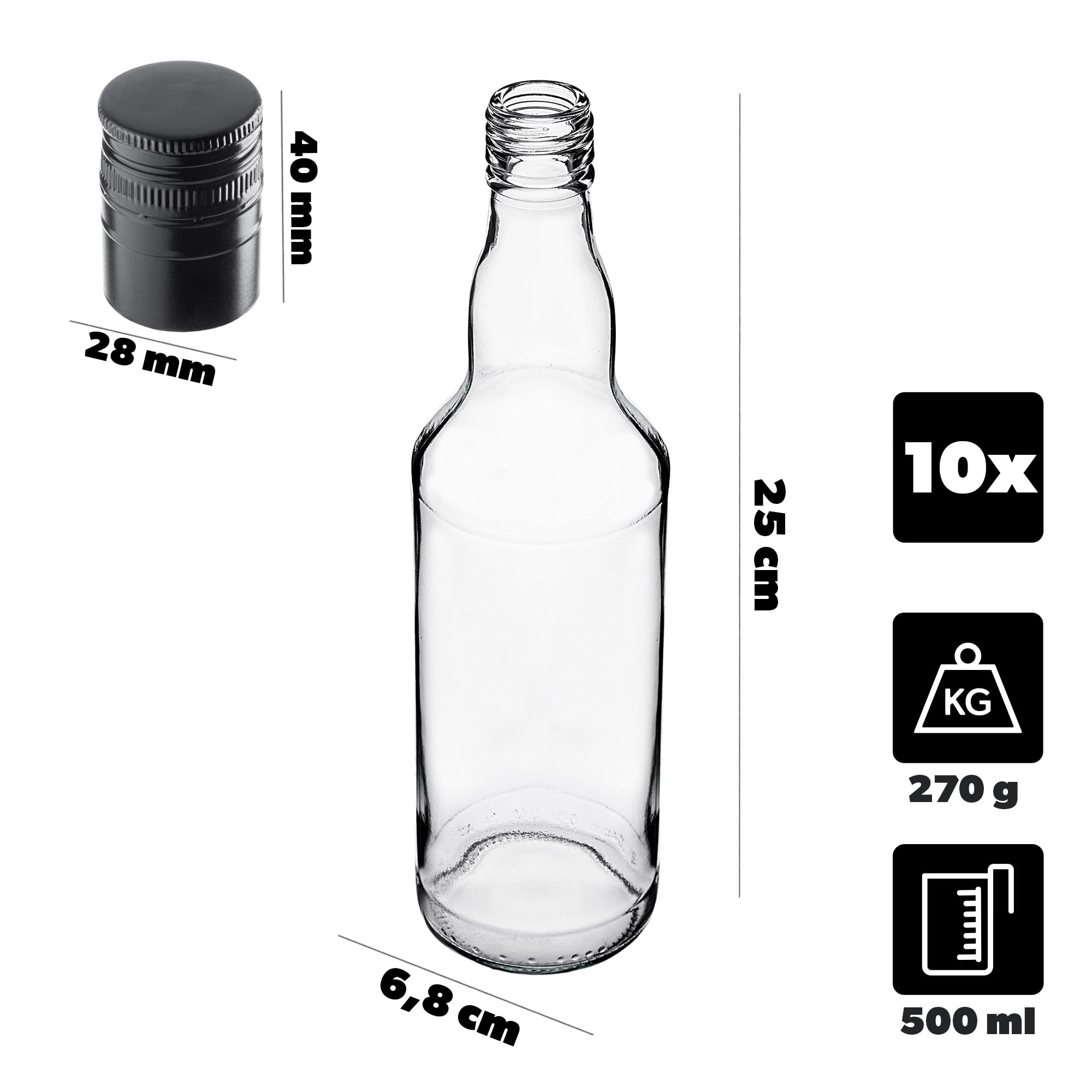 KADAX Set di 10 bottiglie in vetro 500ml con tappo a vite nero, lungo – bottiglie vuote da riempire per succhi, sciroppo, olio e liquore, conservazione alimentare