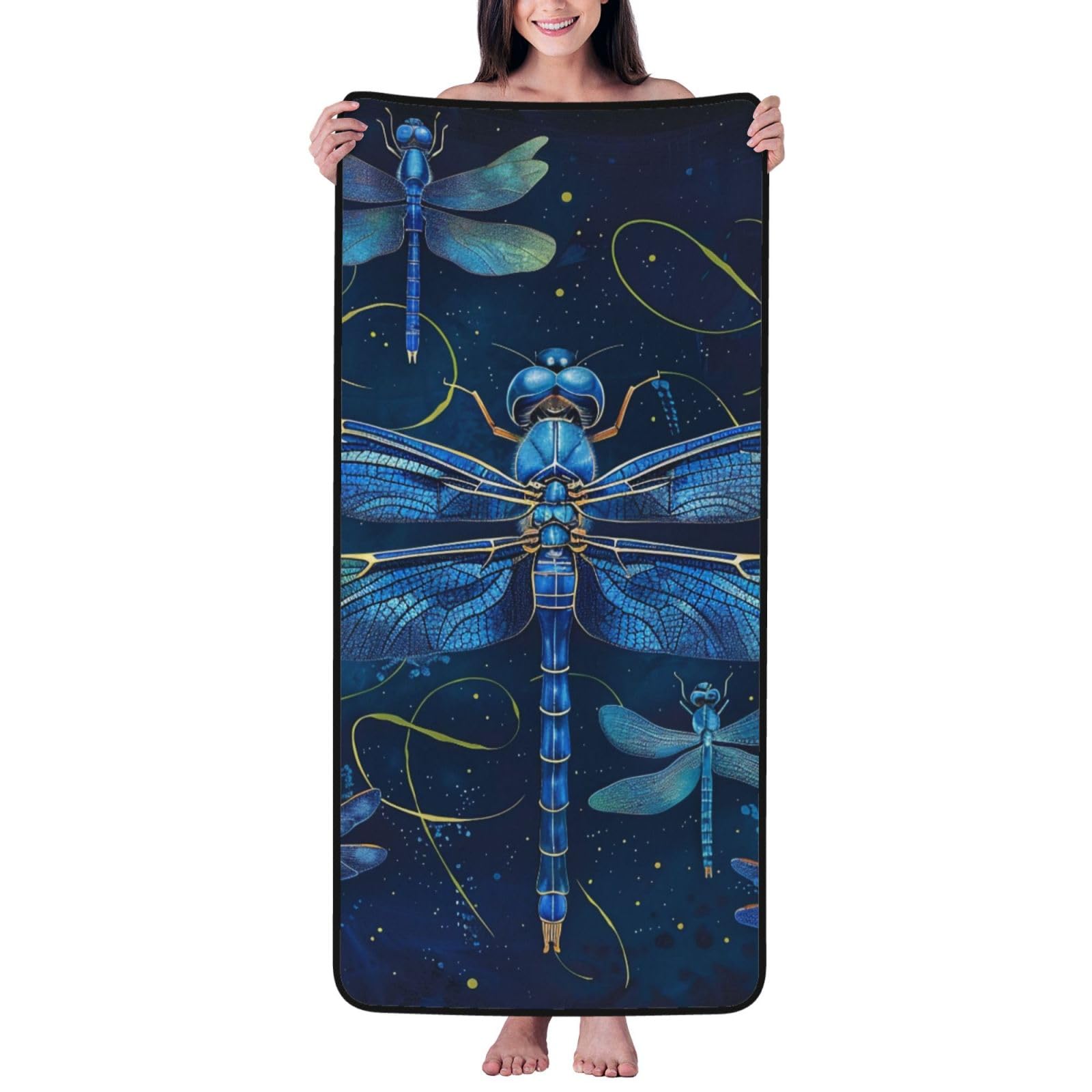 WPKJU Blue Dragonfly Printed Bath Towel with Black Edging - 27x55 in Soft Extra Absorbent Coral Velvet Shower Towels for Bathroom