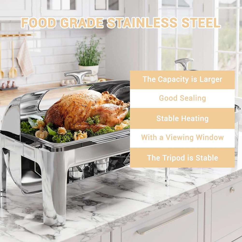 Scaldavivande rettangolare da 9 litri in acciaio inossidabile, Set per buffet con coperchio a rullo e finestra in vetro Ideale per catering, buffet e per mantenere le pietanze al caldo