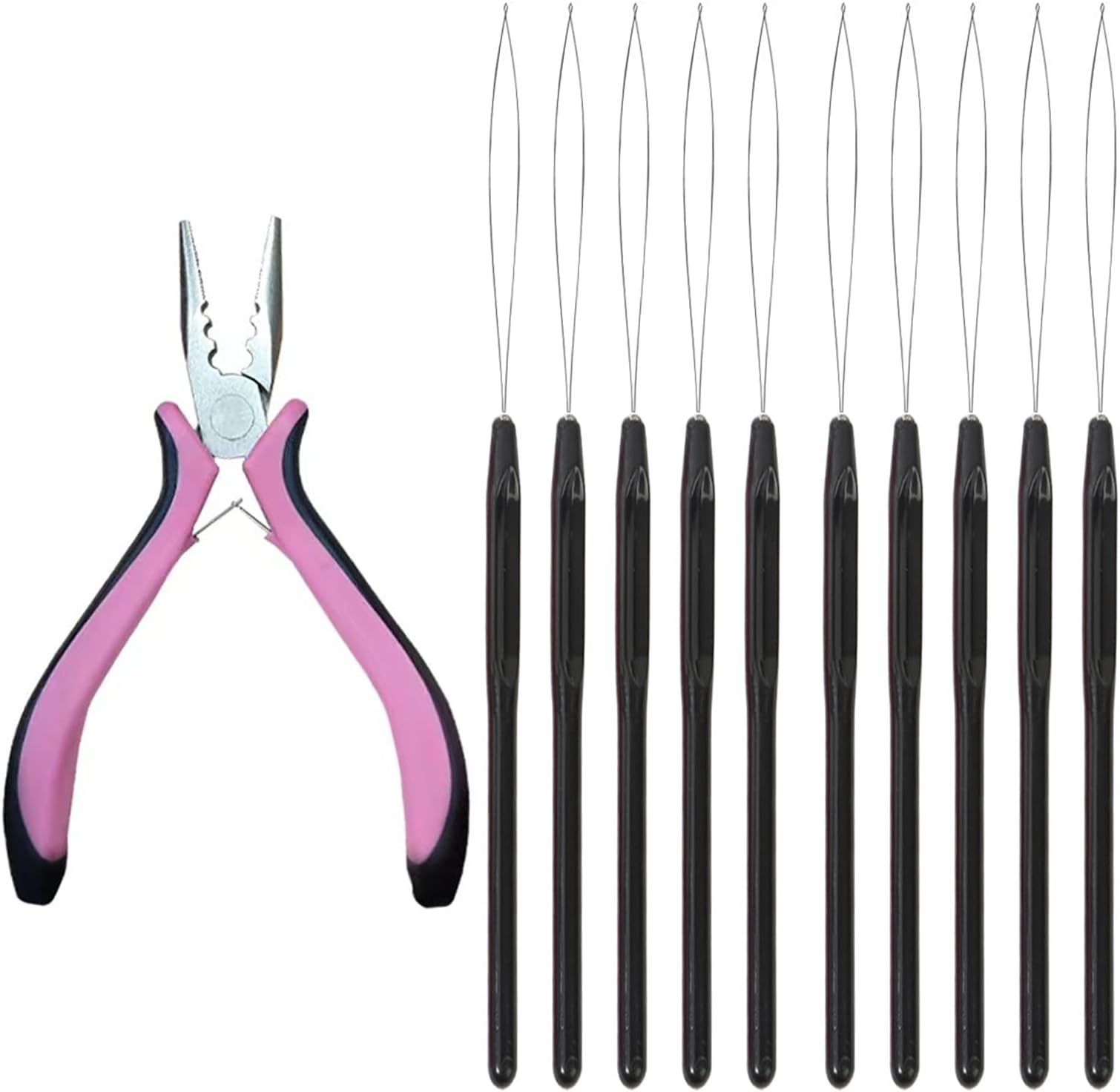 11Pcs Hair Extensions Kit Tools - Pink Pliers and 10 Black Loop Threaders for Styling Accessory