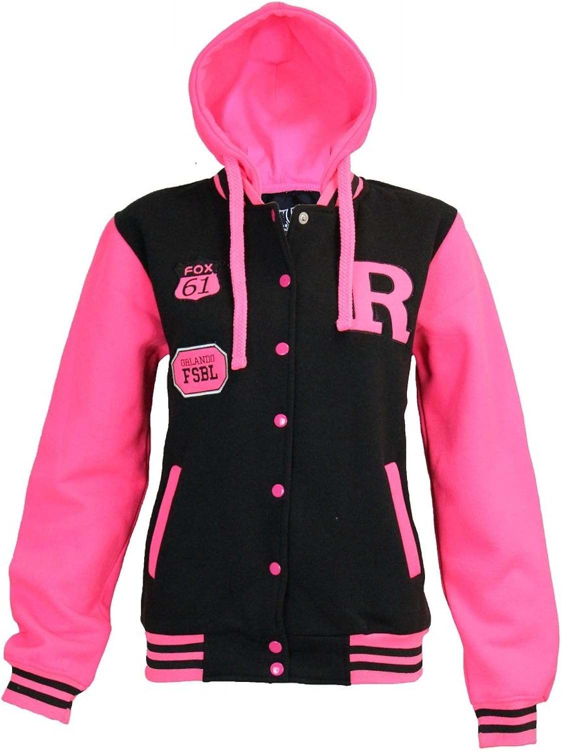 Ladies Baseball Varsity Jacket with NEON Pink Fluorescent Sleeves