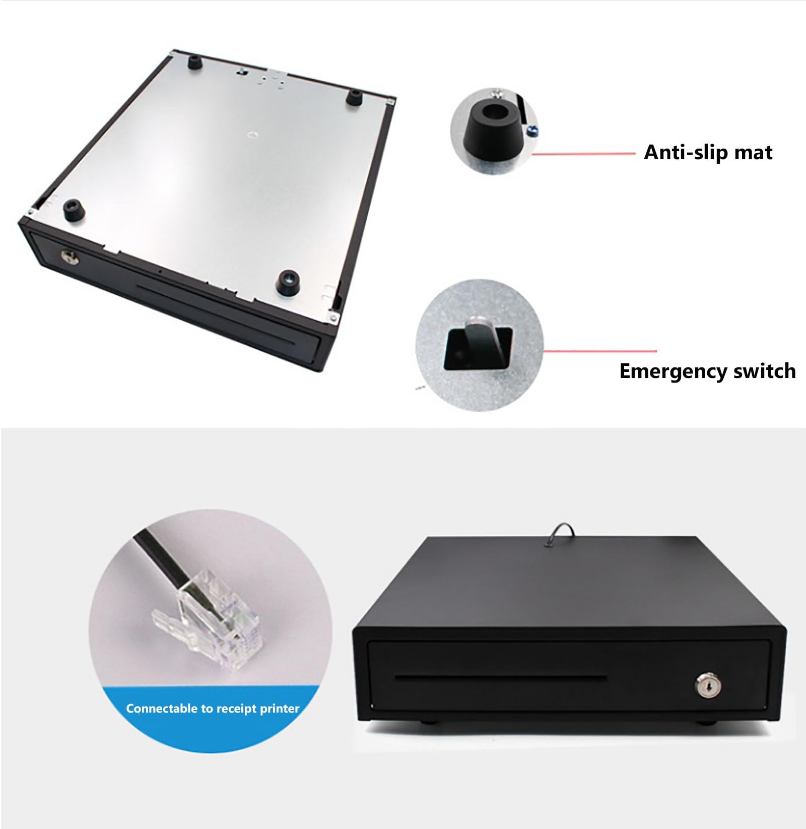 Cassetto per banconote con operatore portamonete, manuale o automatico, 5 scomparti, 4 scomparti per monete, struttura in acciaio e plastica, per supermercati e vendita al dettaglio